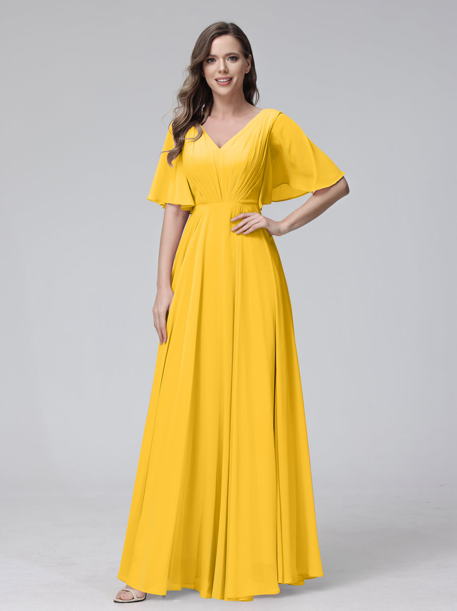 A-Linie V-Ausschnitt Halbe Ärmel Lange Chiffon-Brautjungfernkleider mit Rüschentaschen