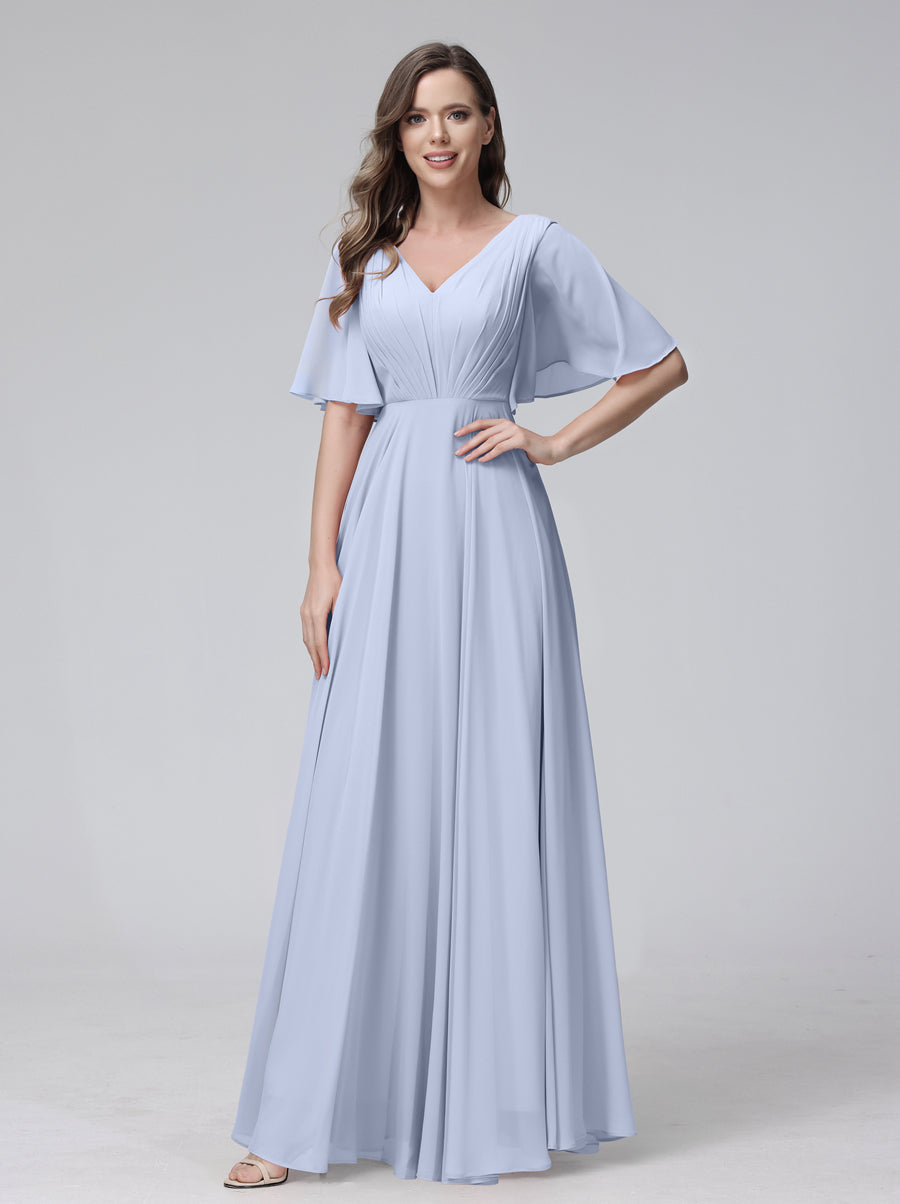 A-Linie V-Ausschnitt Halbe Ärmel Lange Chiffon-Brautjungfernkleider mit Rüschentaschen