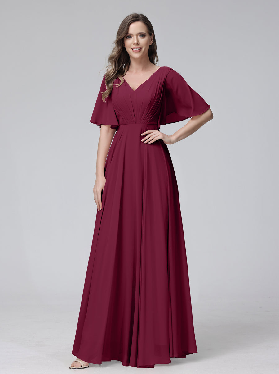 A-Linie V-Ausschnitt Halbe Ärmel Lange Chiffon-Brautjungfernkleider mit Rüschentaschen