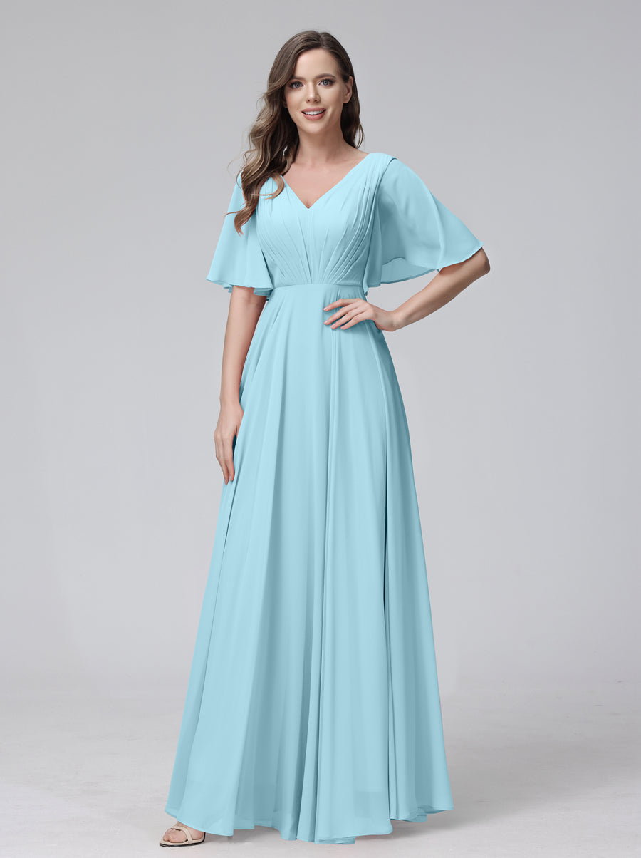 A-Linie V-Ausschnitt Halbe Ärmel Lange Chiffon-Brautjungfernkleider mit Rüschentaschen