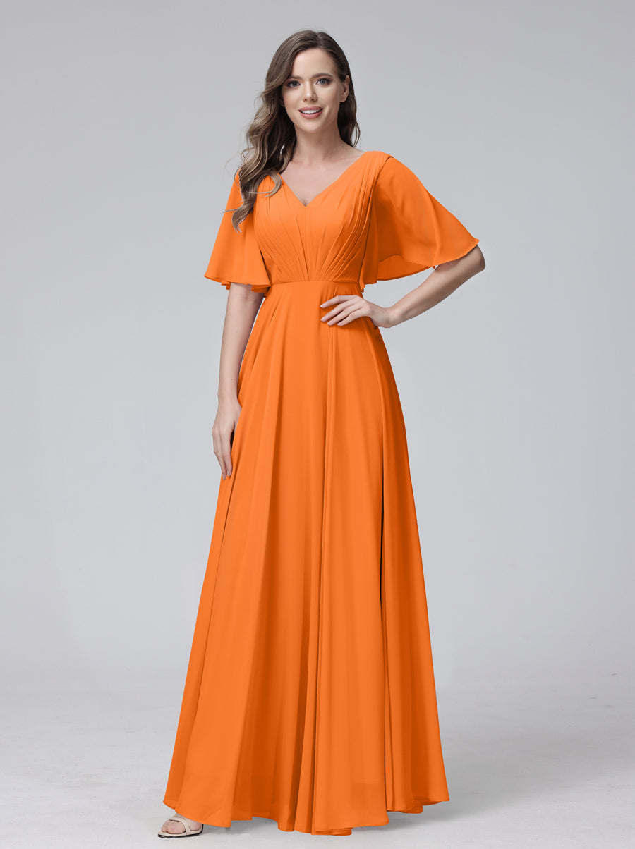 A-Linie V-Ausschnitt Halbe Ärmel Lange Chiffon-Brautjungfernkleider mit Rüschentaschen