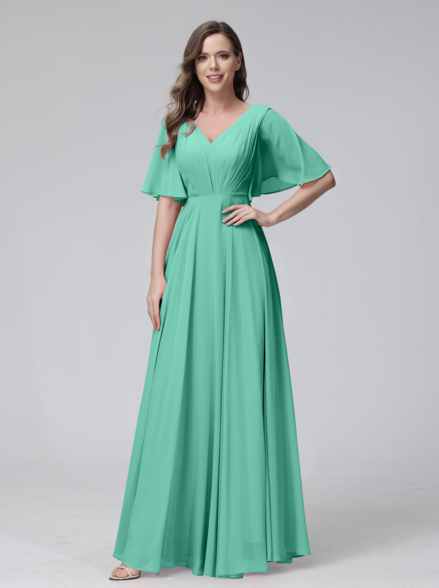 A-Linie V-Ausschnitt Halbe Ärmel Lange Chiffon-Brautjungfernkleider mit Rüschentaschen