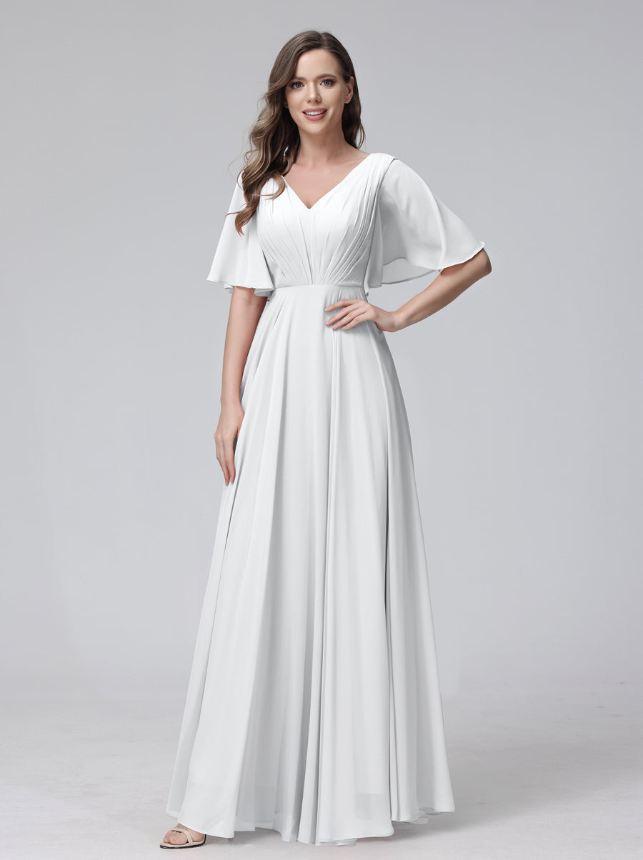 A-Linie V-Ausschnitt Halbe Ärmel Lange Chiffon-Brautjungfernkleider mit Rüschentaschen