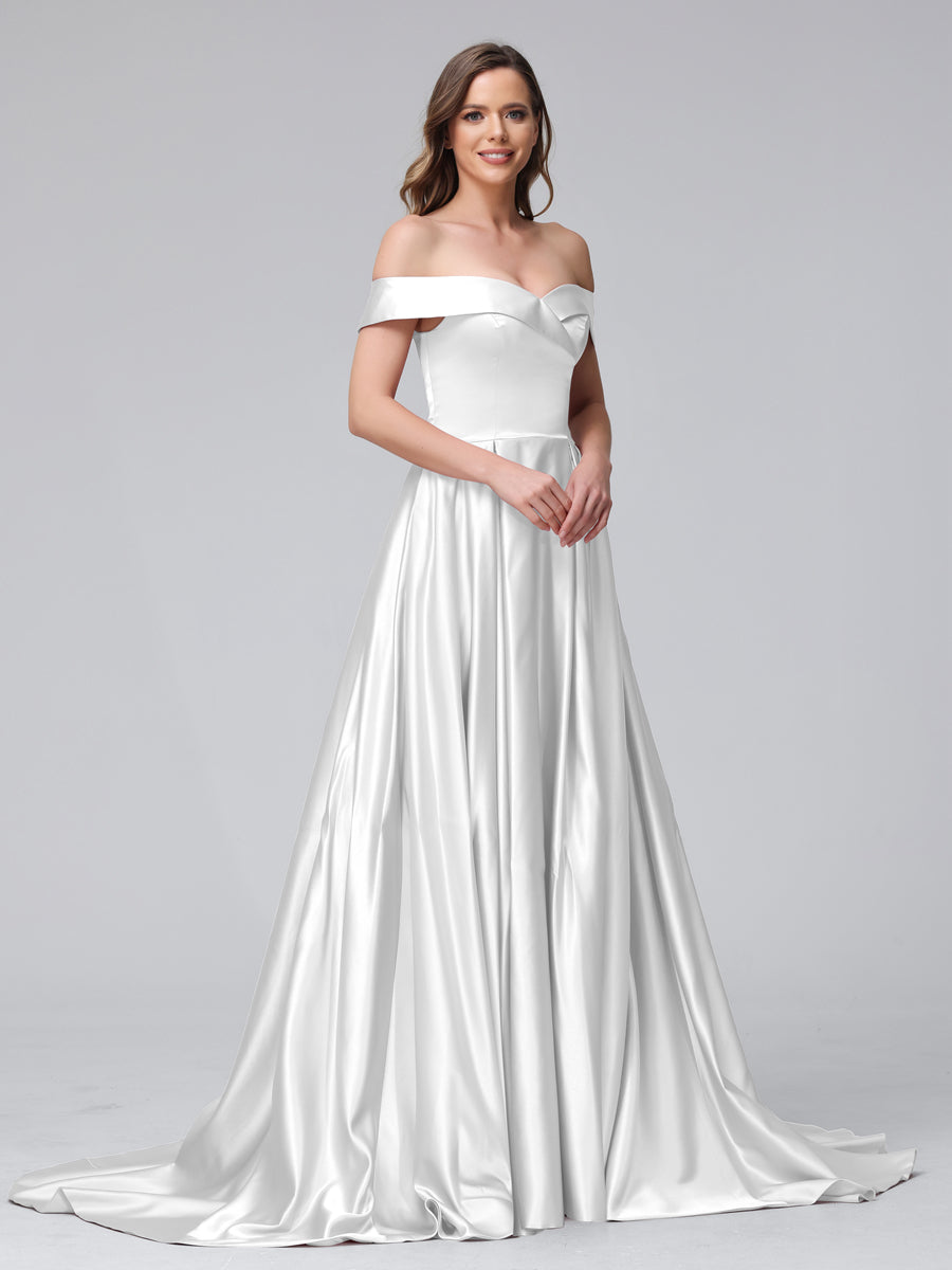 A-Linie Schulterfreies Langes Satin-Abendkleid mit Seitlichem Schlitz Und Taschen
