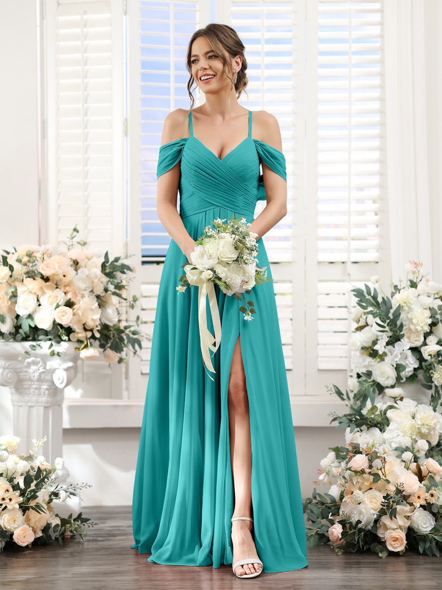 A-Linie V-Ausschnitt Spaghettiträger Seitlich Geschlitzt Bodenlanges Brautjungfernkleid aus Chiffon