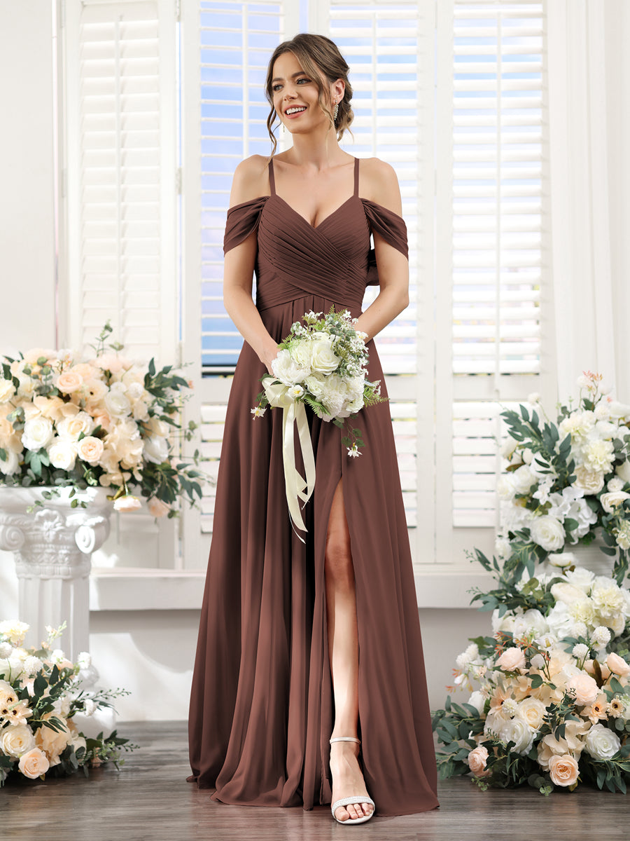 A-Linie V-Ausschnitt Spaghettiträger Seitlich Geschlitzt Bodenlanges Brautjungfernkleid aus Chiffon
