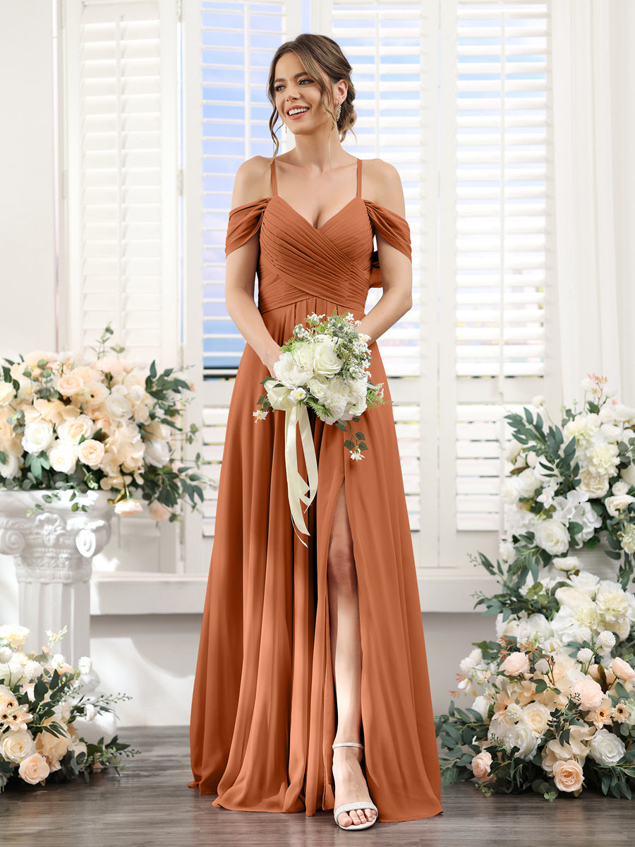 A-Linie V-Ausschnitt Spaghettiträger Seitlich Geschlitzt Bodenlanges Brautjungfernkleid aus Chiffon