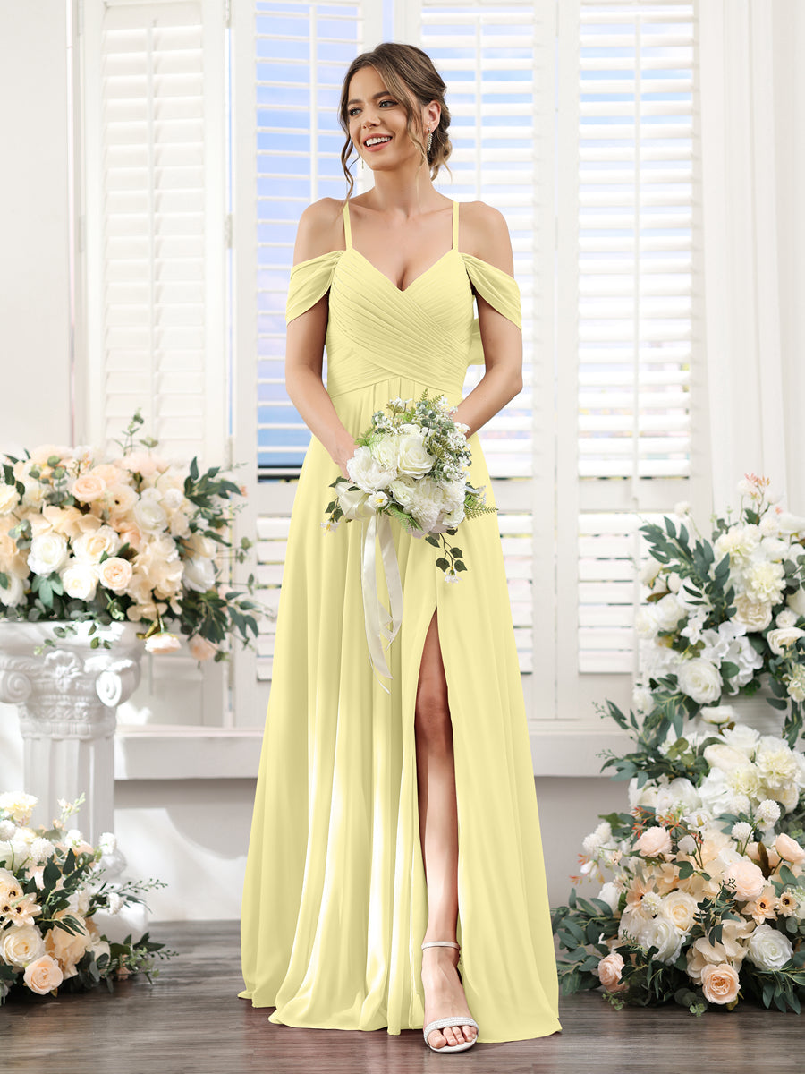 A-Linie V-Ausschnitt Spaghettiträger Seitlich Geschlitzt Bodenlanges Brautjungfernkleid aus Chiffon