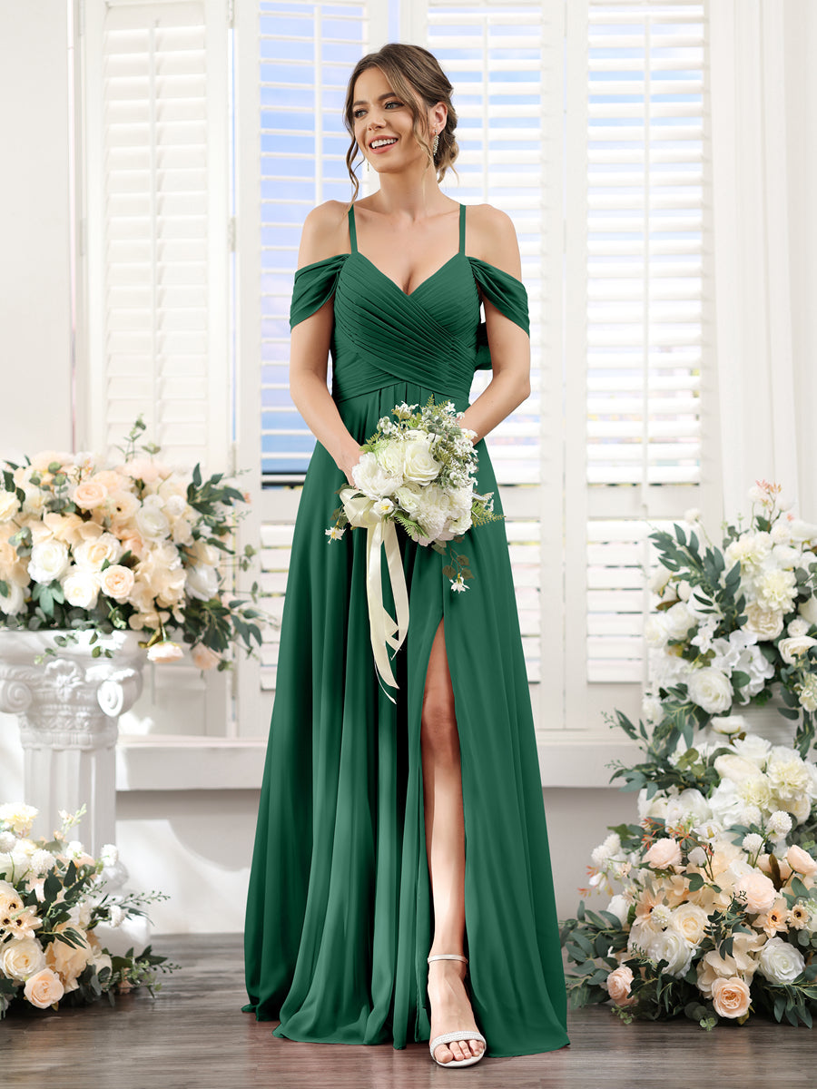 A-Linie V-Ausschnitt Spaghettiträger Seitlich Geschlitzt Bodenlanges Brautjungfernkleid aus Chiffon