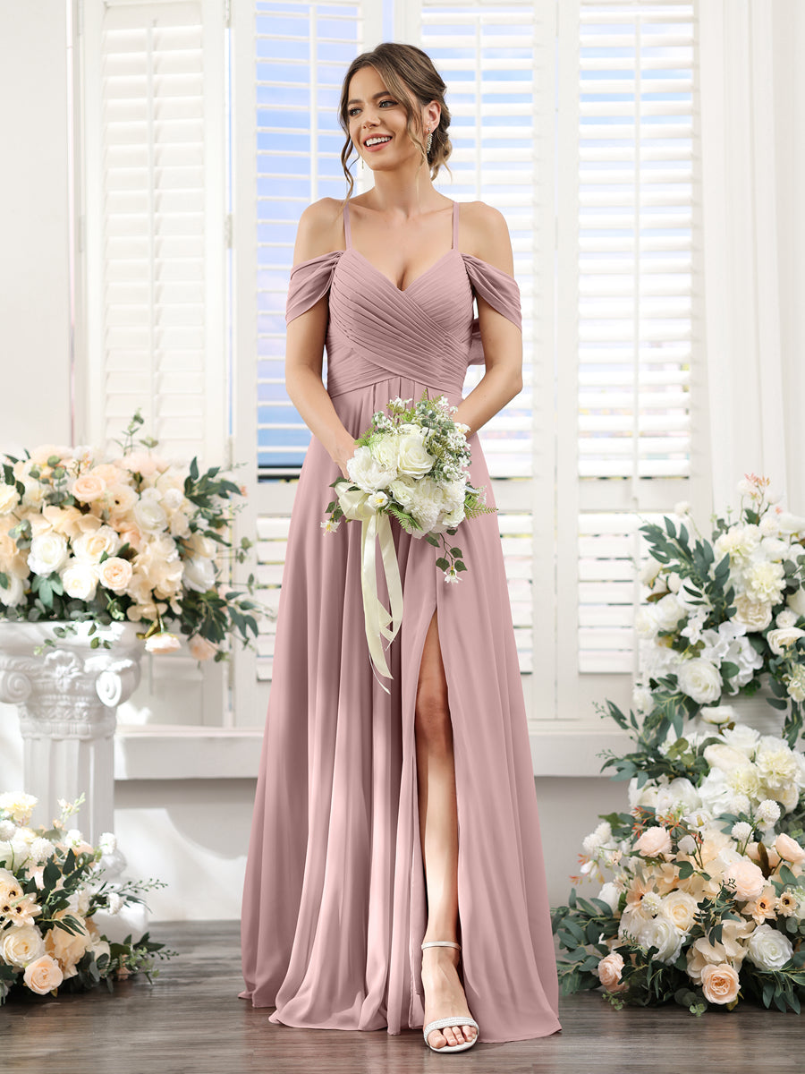 A-Linie V-Ausschnitt Spaghettiträger Seitlich Geschlitzt Bodenlanges Brautjungfernkleid aus Chiffon