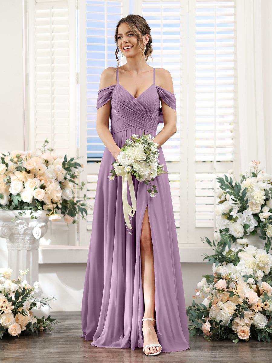 A-Linie V-Ausschnitt Spaghettiträger Seitlich Geschlitzt Bodenlanges Brautjungfernkleid aus Chiffon