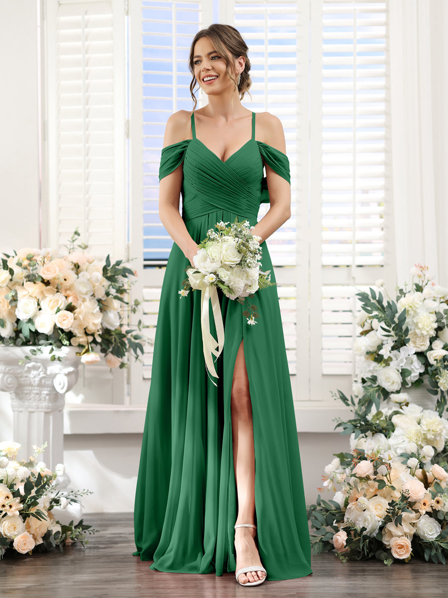 A-Linie V-Ausschnitt Spaghettiträger Seitlich Geschlitzt Bodenlanges Brautjungfernkleid aus Chiffon