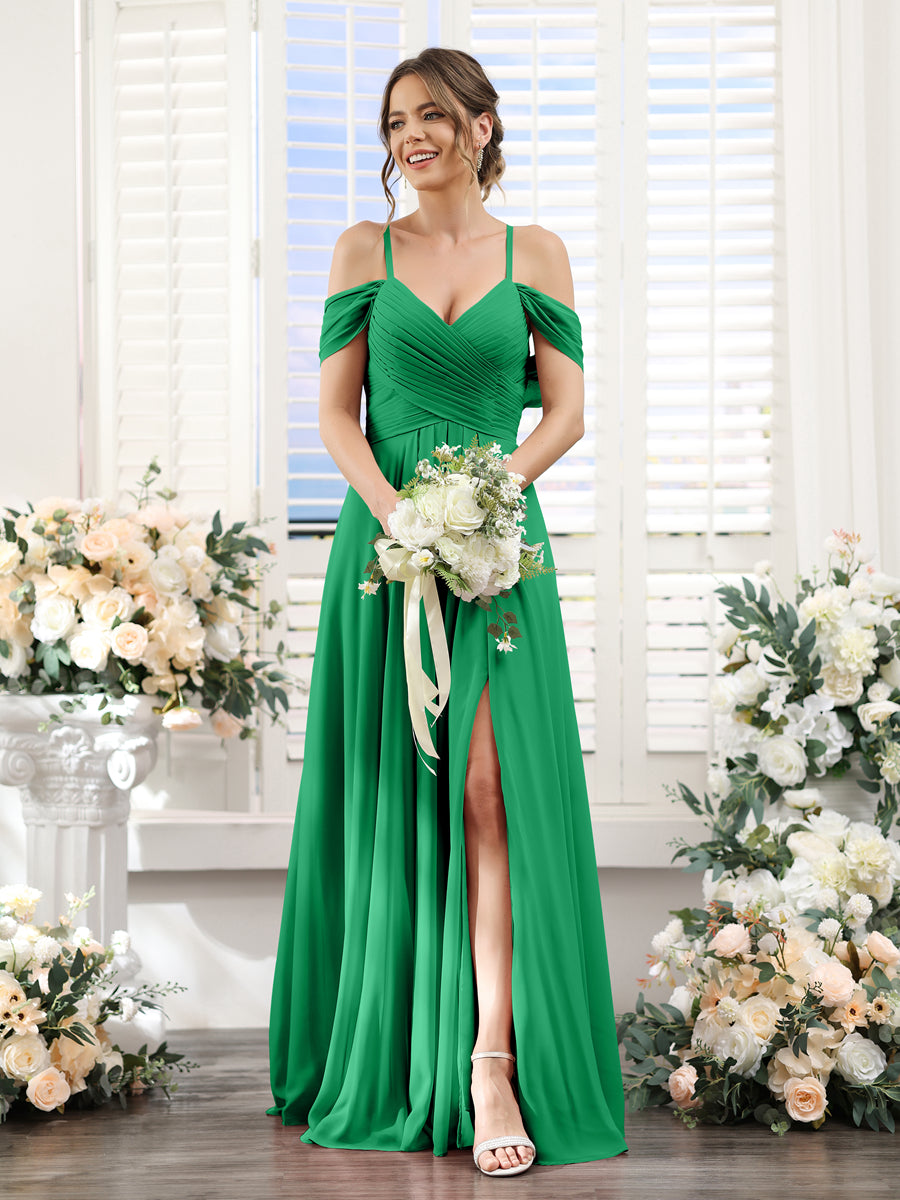 A-Linie V-Ausschnitt Spaghettiträger Seitlich Geschlitzt Bodenlanges Brautjungfernkleid aus Chiffon