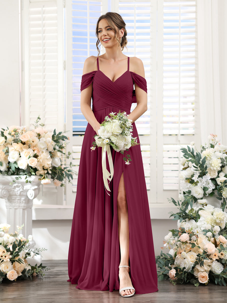 A-Linie V-Ausschnitt Spaghettiträger Seitlich Geschlitzt Bodenlanges Brautjungfernkleid aus Chiffon