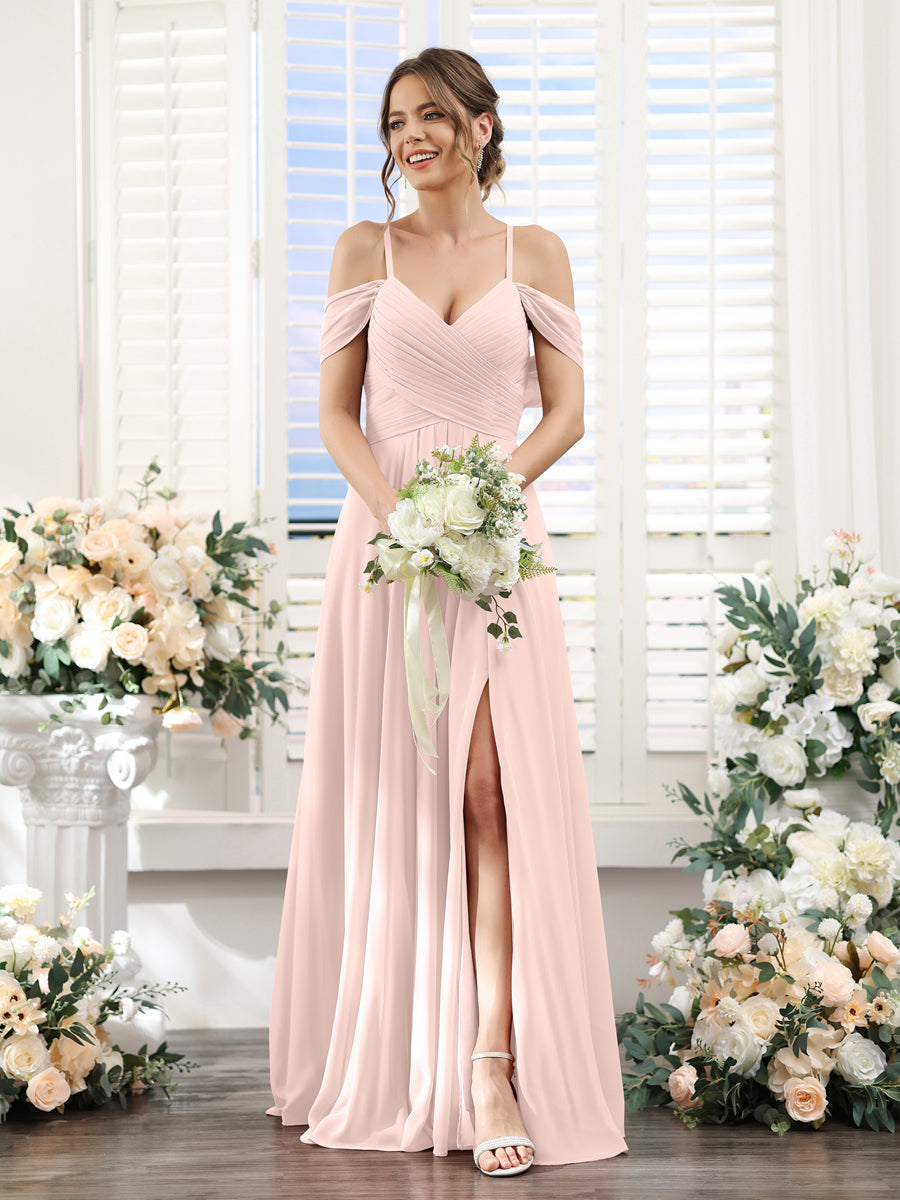 A-Linie V-Ausschnitt Spaghettiträger Seitlich Geschlitzt Bodenlanges Brautjungfernkleid aus Chiffon