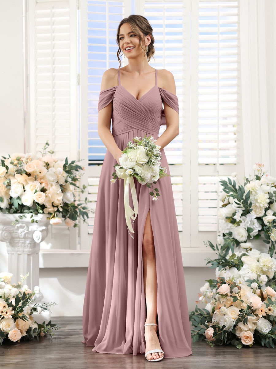 A-Linie V-Ausschnitt Spaghettiträger Seitlich Geschlitzt Bodenlanges Brautjungfernkleid aus Chiffon