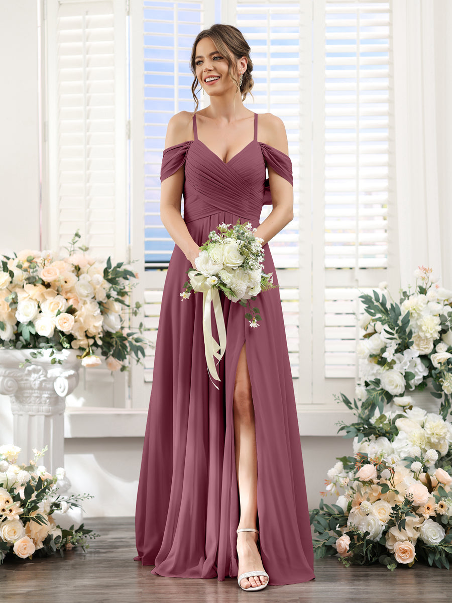 A-Linie V-Ausschnitt Spaghettiträger Seitlich Geschlitzt Bodenlanges Brautjungfernkleid aus Chiffon