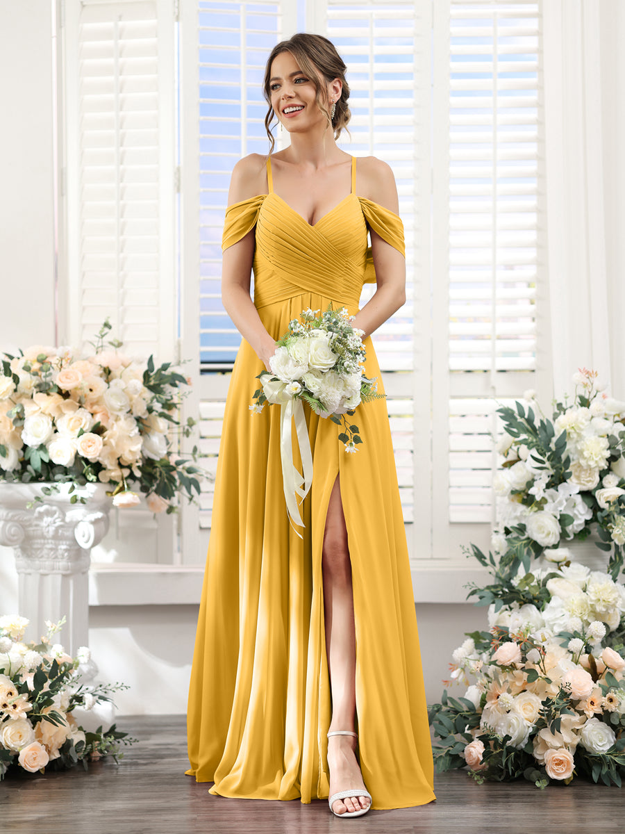 A-Linie V-Ausschnitt Spaghettiträger Seitlich Geschlitzt Bodenlanges Brautjungfernkleid aus Chiffon