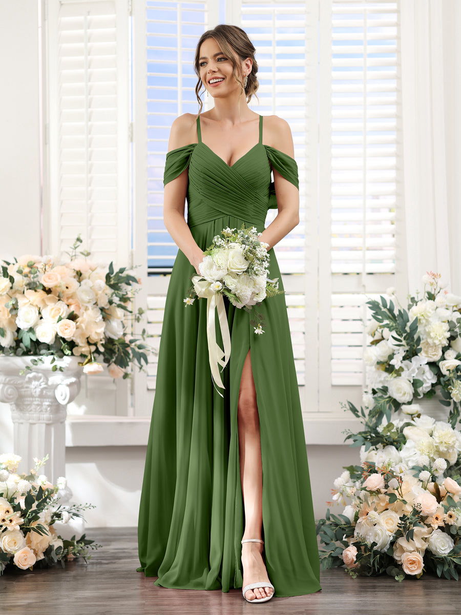 A-Linie V-Ausschnitt Spaghettiträger Seitlich Geschlitzt Bodenlanges Brautjungfernkleid aus Chiffon