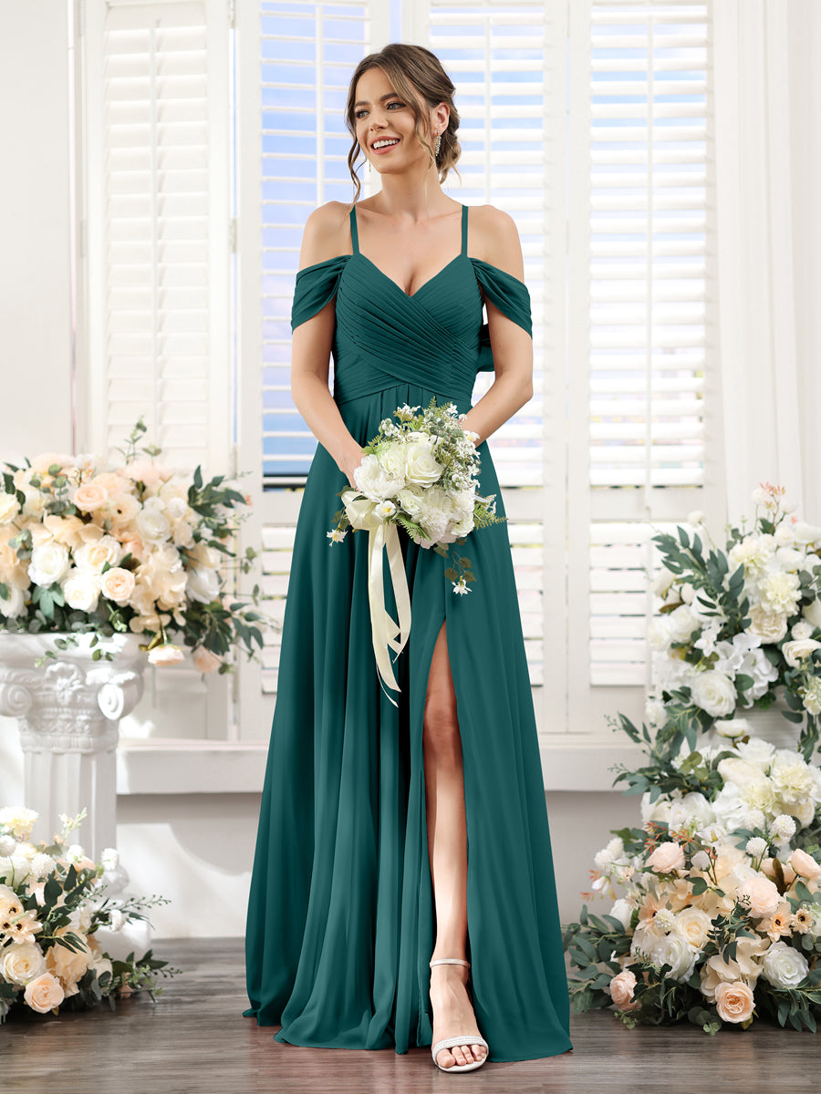 A-Linie V-Ausschnitt Spaghettiträger Seitlich Geschlitzt Bodenlanges Brautjungfernkleid aus Chiffon