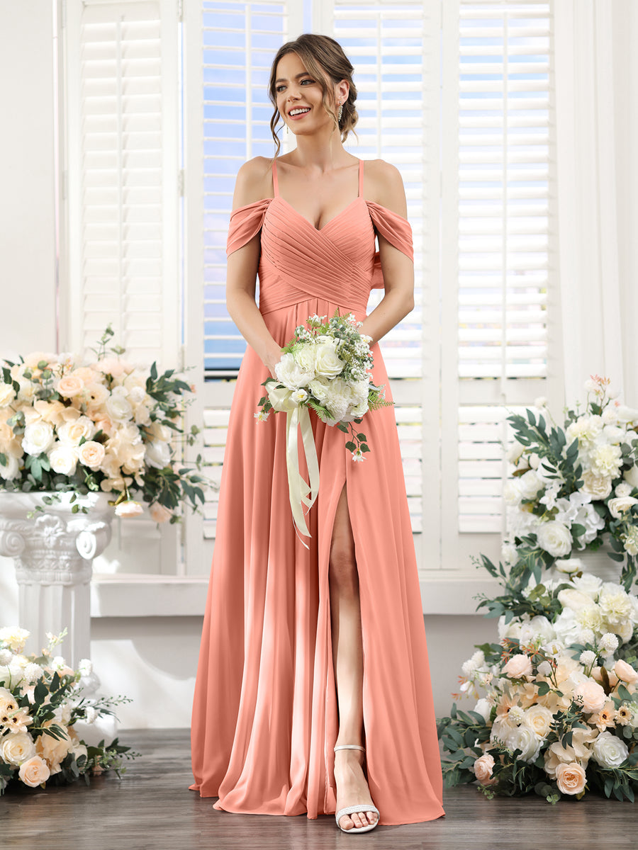 A-Linie V-Ausschnitt Spaghettiträger Seitlich Geschlitzt Bodenlanges Brautjungfernkleid aus Chiffon