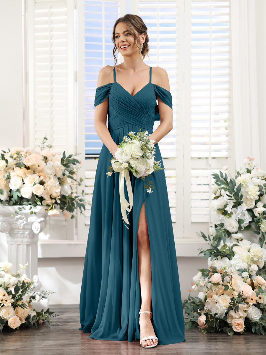 A-Linie V-Ausschnitt Spaghettiträger Seitlich Geschlitzt Bodenlanges Brautjungfernkleid aus Chiffon