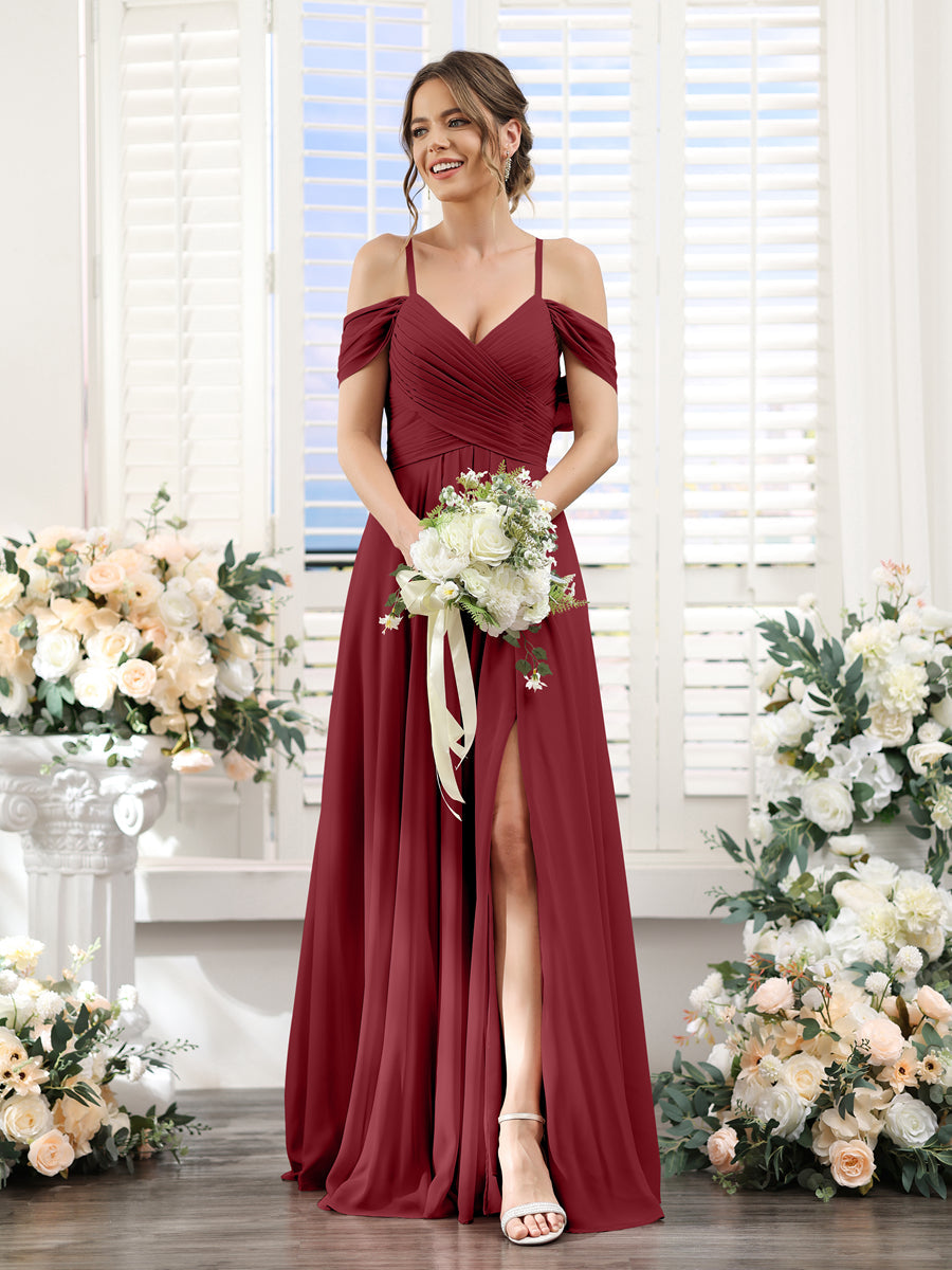 A-Linie V-Ausschnitt Spaghettiträger Seitlich Geschlitzt Bodenlanges Brautjungfernkleid aus Chiffon