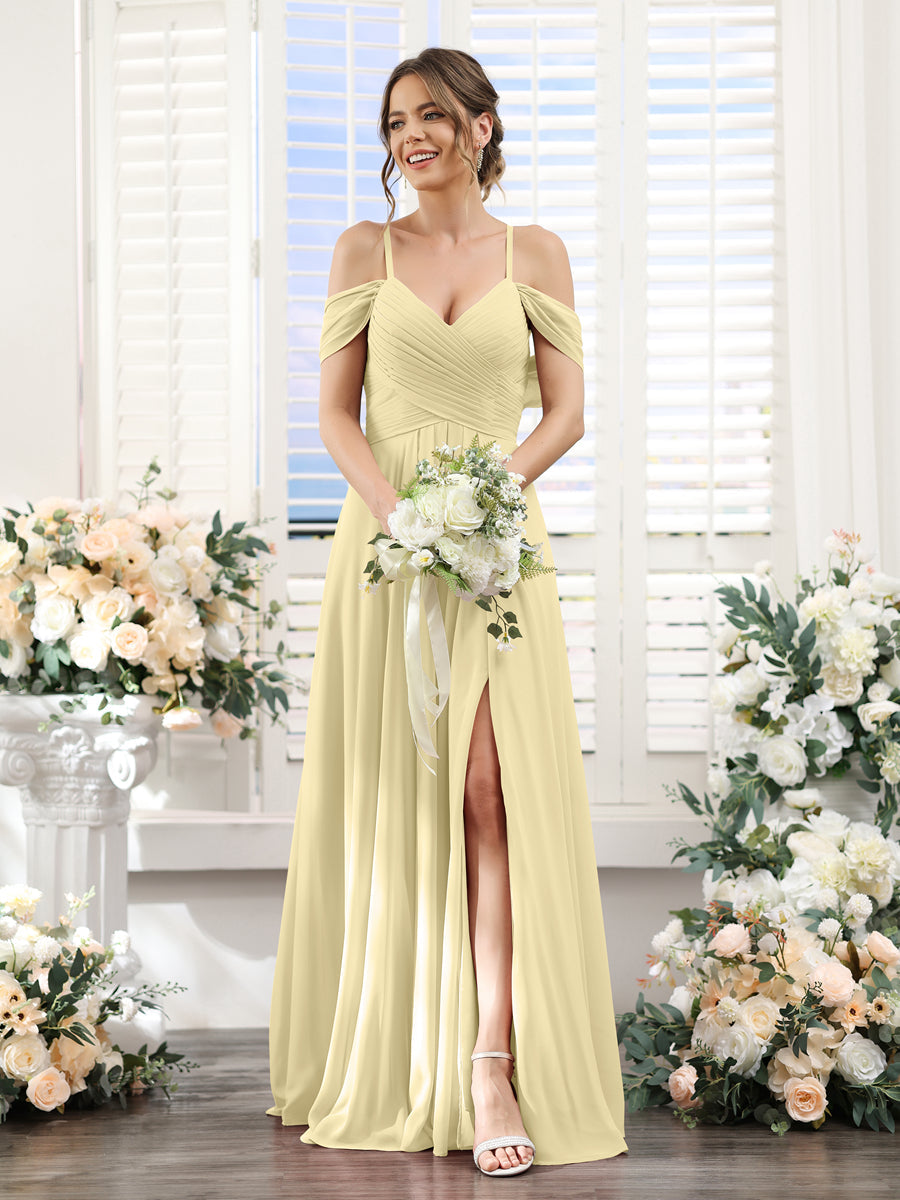 A-Linie V-Ausschnitt Spaghettiträger Seitlich Geschlitzt Bodenlanges Brautjungfernkleid aus Chiffon