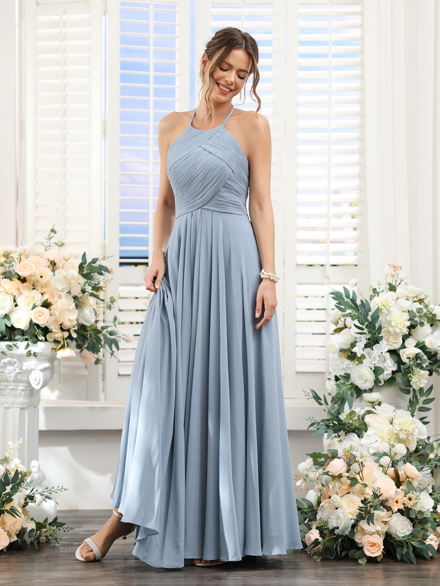 A-Linie Neckholder Ärmellos Gerüscht Bodenlang Chiffon-Brautjungfernkleider