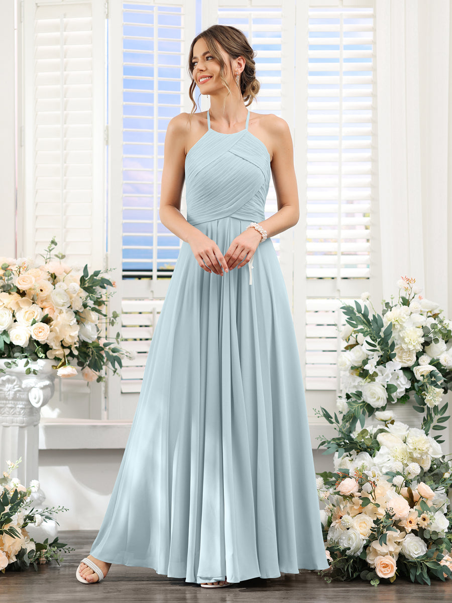 A-Linie Neckholder Ärmellos Gerüscht Bodenlang Chiffon-Brautjungfernkleider