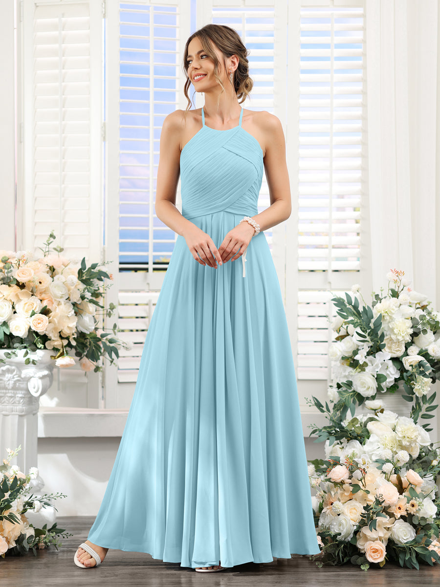 A-Linie Neckholder Ärmellos Gerüscht Bodenlang Chiffon-Brautjungfernkleider