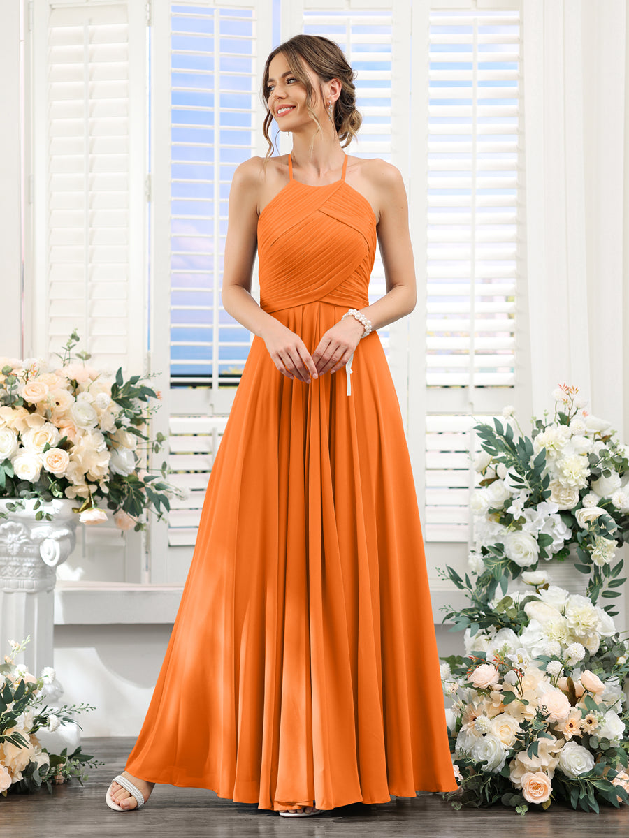 A-Linie Neckholder Ärmellos Gerüscht Bodenlang Chiffon-Brautjungfernkleider