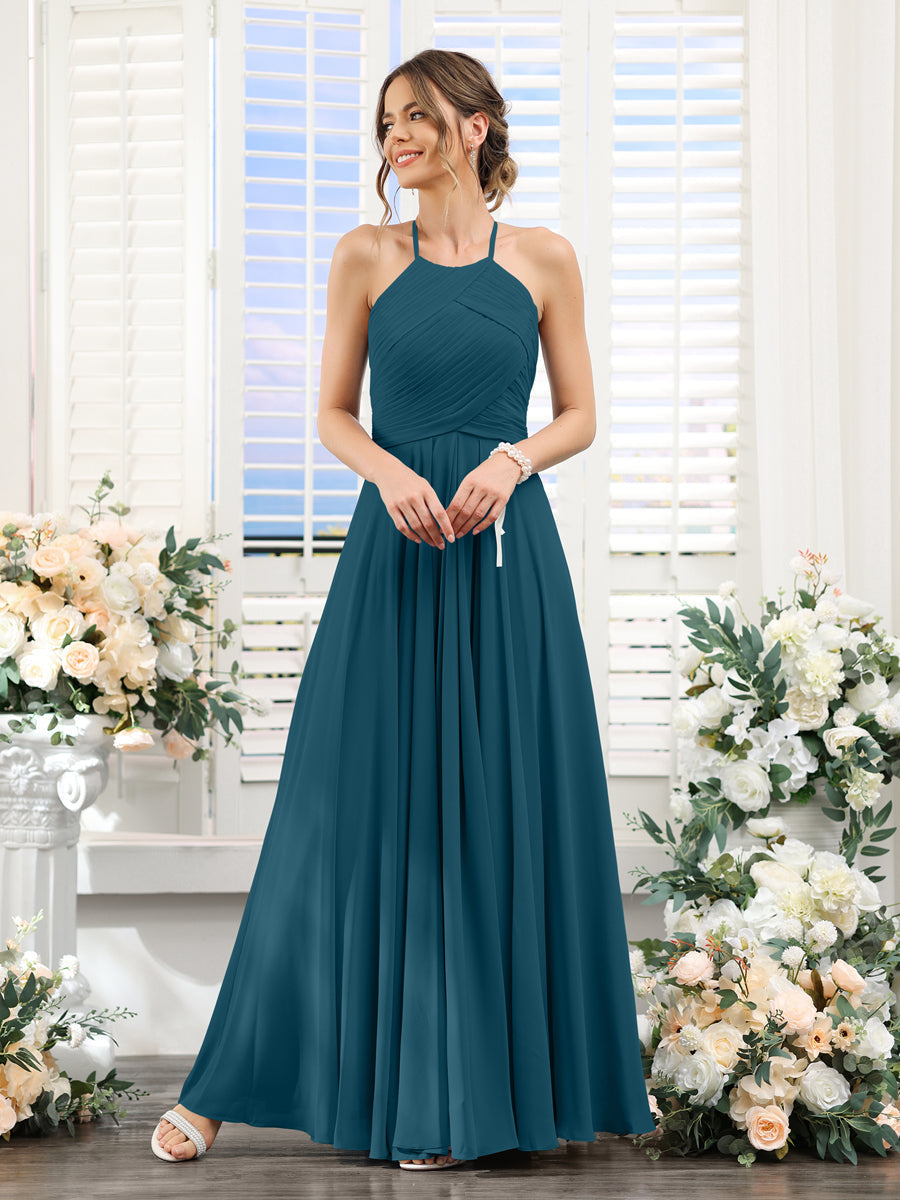 A-Linie Neckholder Ärmellos Gerüscht Bodenlang Chiffon-Brautjungfernkleider