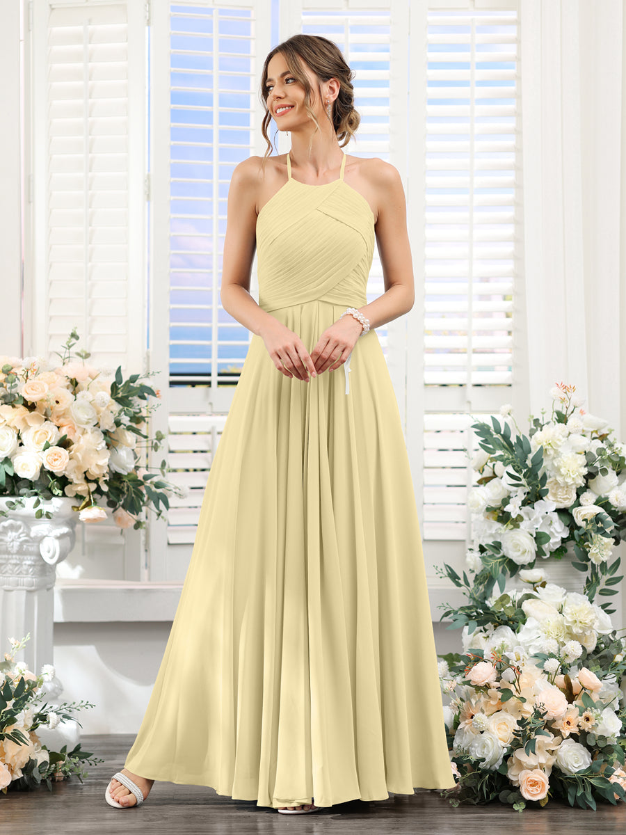A-Linie Neckholder Ärmellos Gerüscht Bodenlang Chiffon-Brautjungfernkleider