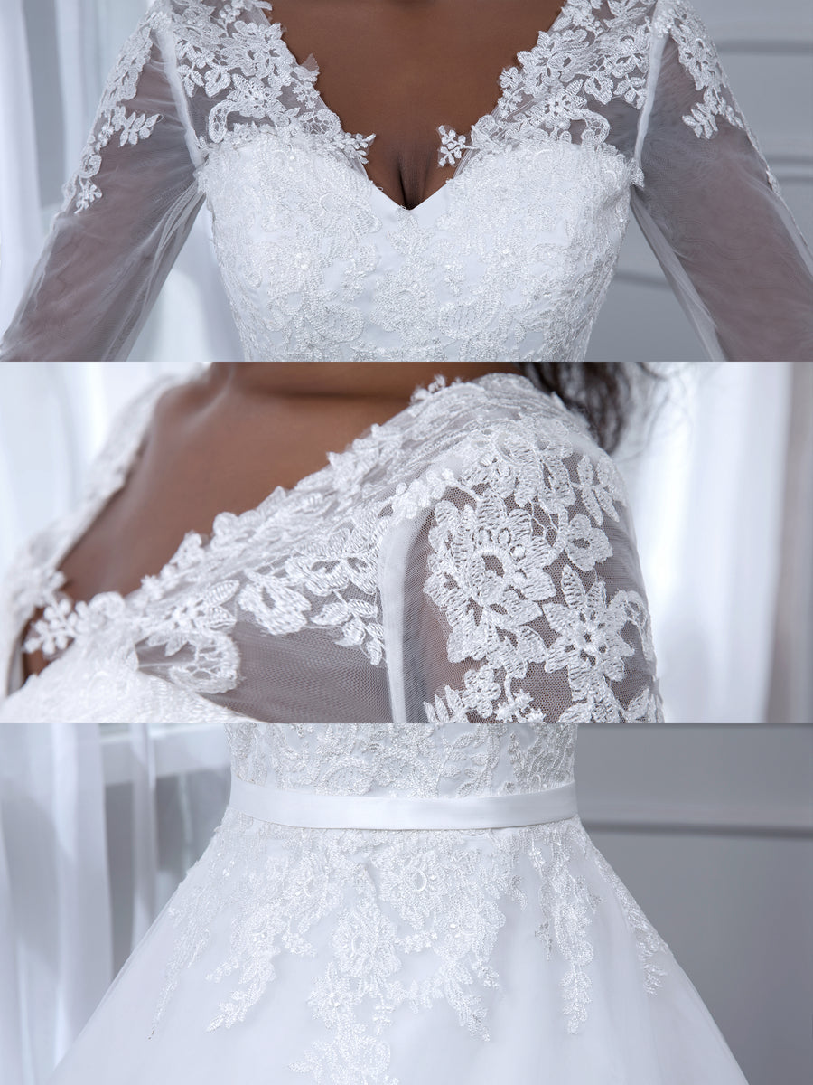 Brautkleider in Duchesse-Linie aus Tüll mit V-Ausschnitt Und Langen Ärmeln Und Applikationen