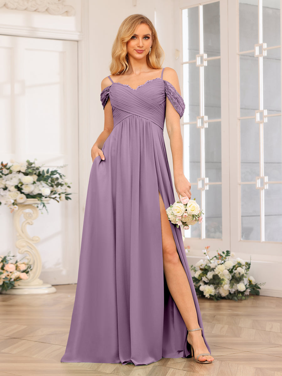 A-Linie/Prinzessin Spaghettiträger Lange Hochzeits-Partykleider mit Schlitz An Der Seite Und Taschen