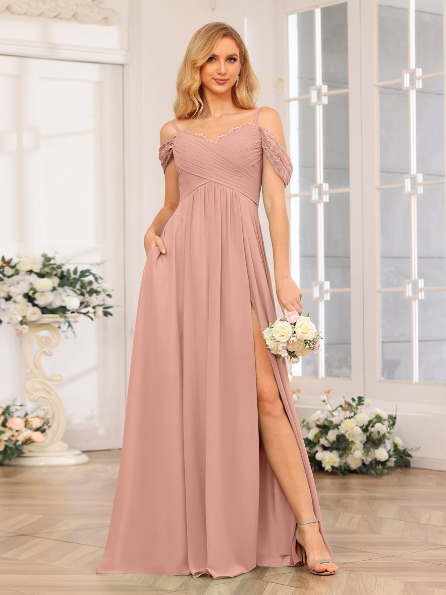 A-Linie/Prinzessin Spaghettiträger Lange Hochzeits-Partykleider mit Schlitz An Der Seite Und Taschen