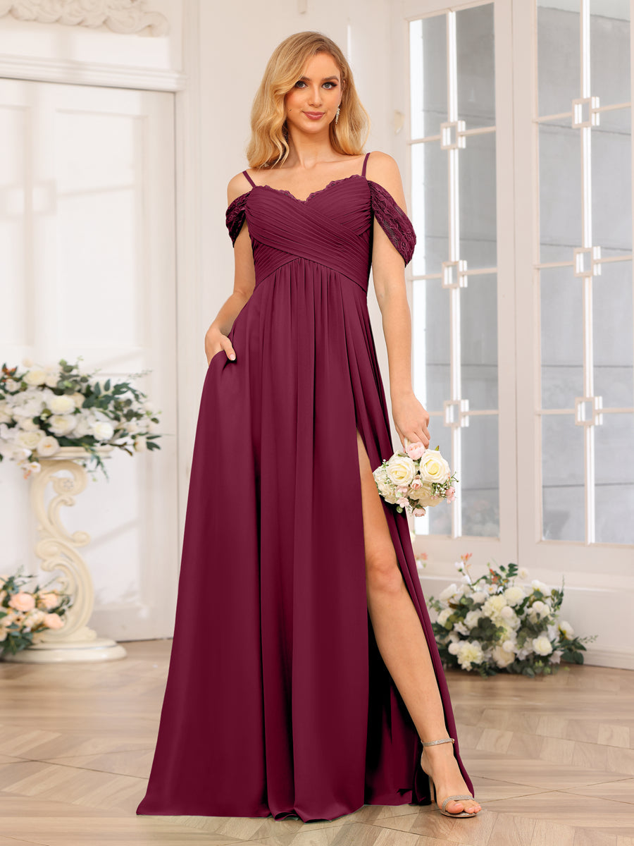 A-Linie/Prinzessin Spaghettiträger Lange Hochzeits-Partykleider mit Schlitz An Der Seite Und Taschen