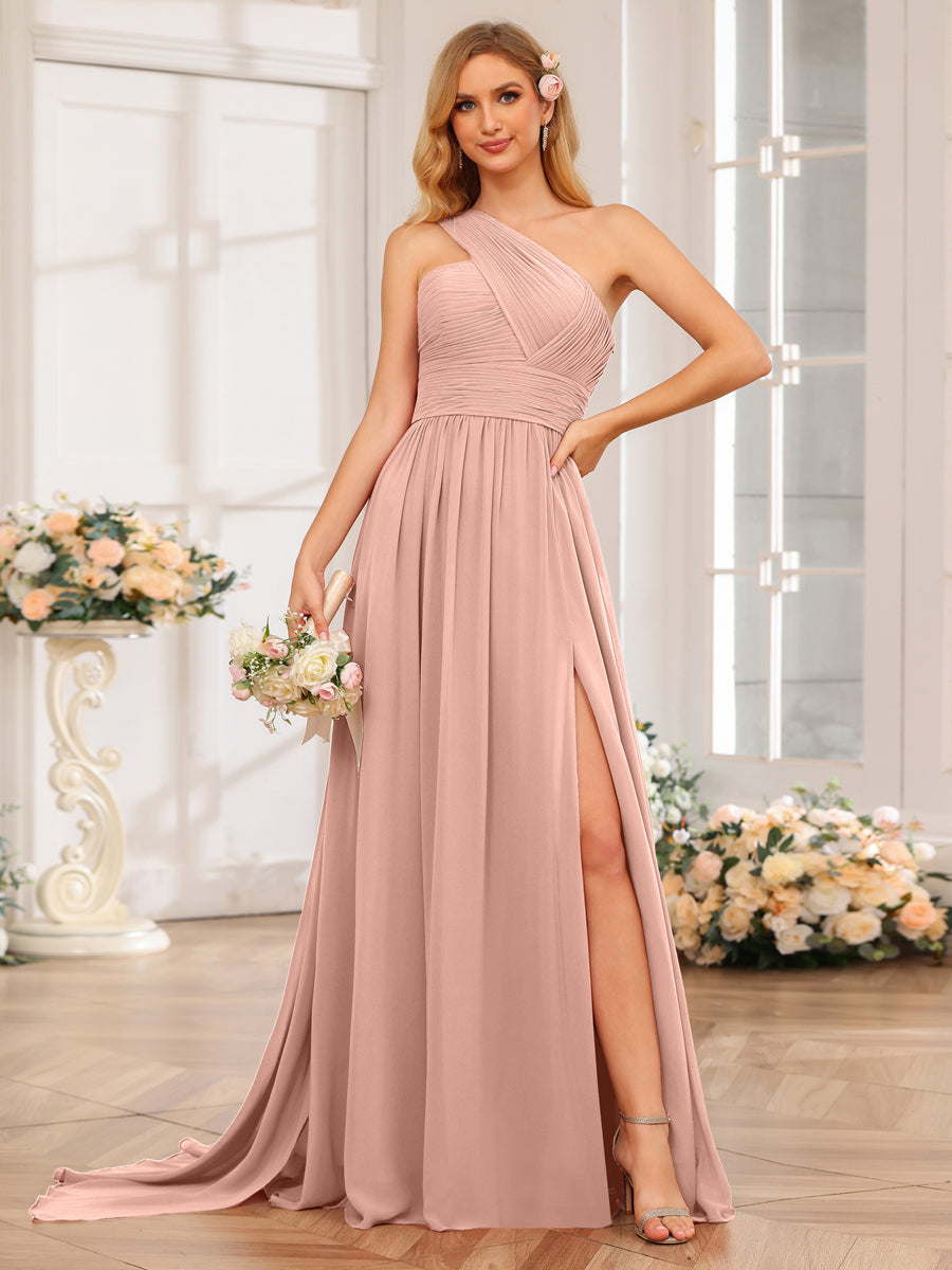 A-Linie/Prinzessin One-Shoulder-Lange Hochzeitspartykleider mit Watteau-Schleppe