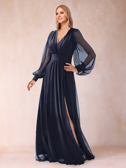 A-Linie/Princess-Linie V-Ausschnitt Bodenlang Chiffon Kleider für die Brautmutter mit Schlitz an der Seite