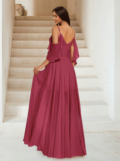 A-Linie/Princess-Linie V-Ausschnitt Kurze Ärmel Bodenlang Chiffon Brautjungfernkleider mit Rüschen