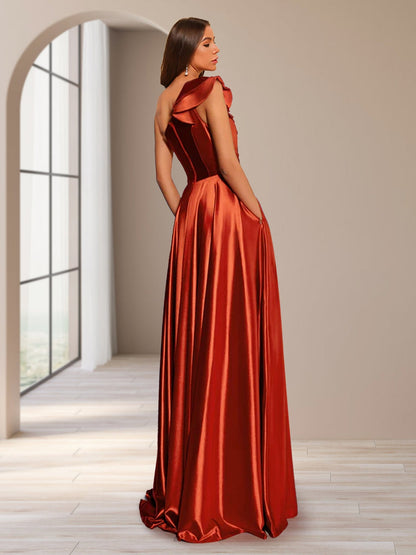 A-Linie/Princess-Linie One-Shoulder-Träger Ärmellos Bodenlang Geraffte Abendkleider mit Seitenschlitz