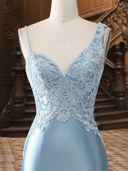 Trompete/Meerjungfrau V-Ausschnitt Satin Lange Elegante Ballkleider mit Applikationen