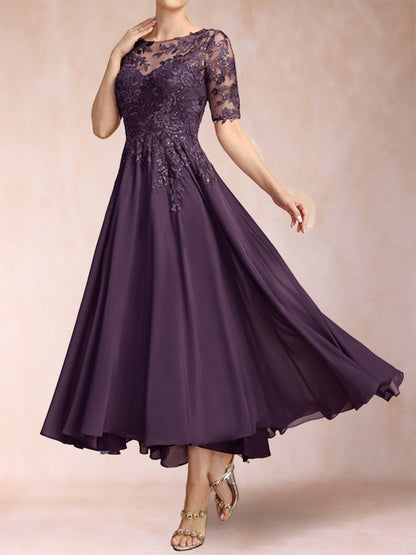 A-Linie/Princess-Linie U-Ausschnitt Halbarm Chiffon Kleider für die Brautmutter mit Applikationen