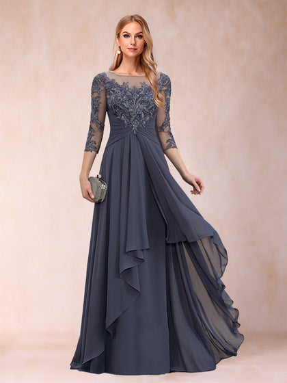 A-Linie/Princess-Linie U-Ausschnitt 3/4-Ärmel Chiffon Kleider für die Brautmutter mit Applikationen & Rüschen