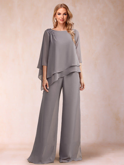 Chiffon-U-Ausschnitt, 3/4-Ärmel, 2-teilig, gerüschter Hosenanzug mit Strass