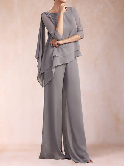 Chiffon-U-Ausschnitt, 3/4-Ärmel, 2-teilig, gerüschter Hosenanzug mit Strass