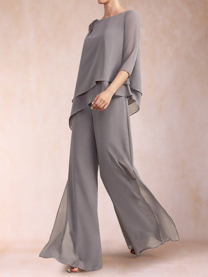 Chiffon-U-Ausschnitt, 3/4-Ärmel, 2-teilig, gerüschter Hosenanzug mit Strass