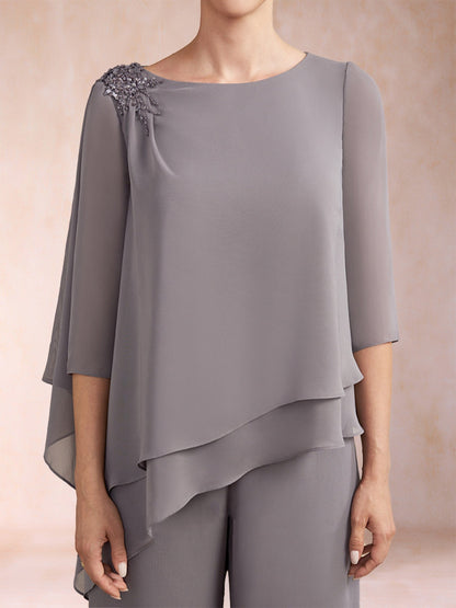 Chiffon-U-Ausschnitt, 3/4-Ärmel, 2-teilig, gerüschter Hosenanzug mit Strass