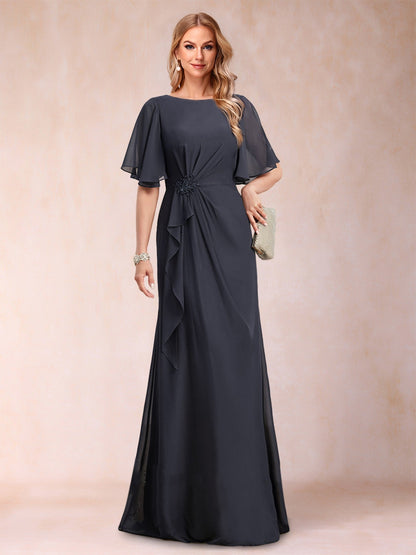 A-Linie/Princess-Linie, U-Ausschnitt, schwarzer Chiffon, Kleider für die Brautmutter mit Applikationen und Rüschen